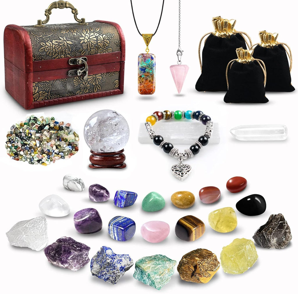 Healing Crystals Set, 28 Pcs Crystals and Healing Stones 7 Chakra Kits Obsidian Real Spiritual Protection Natural Reiki Energy Meditation Crystals for Beginners Wooden Box, Crystal Gifts for Women