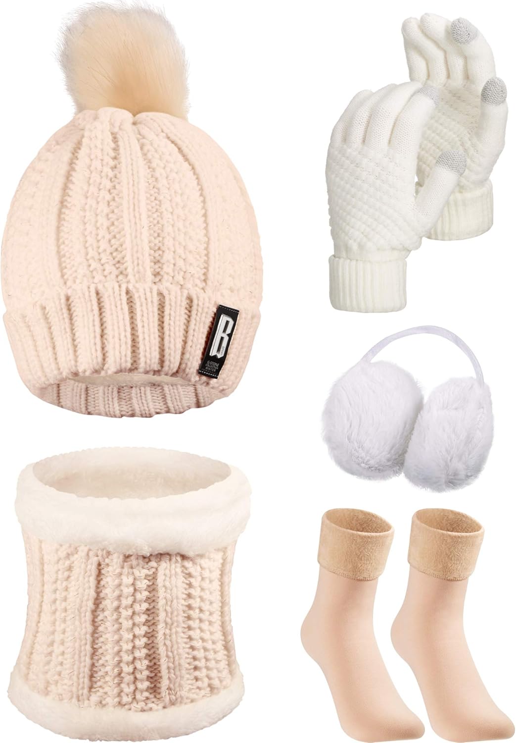 SATINIOR 5 Pcs Winter Hat Scarf Gloves Set Fleece Warm Lined Knit Beanie Hat Touch Screen Earmuff Gloves Warmer for Women(Beige,Classic Style)