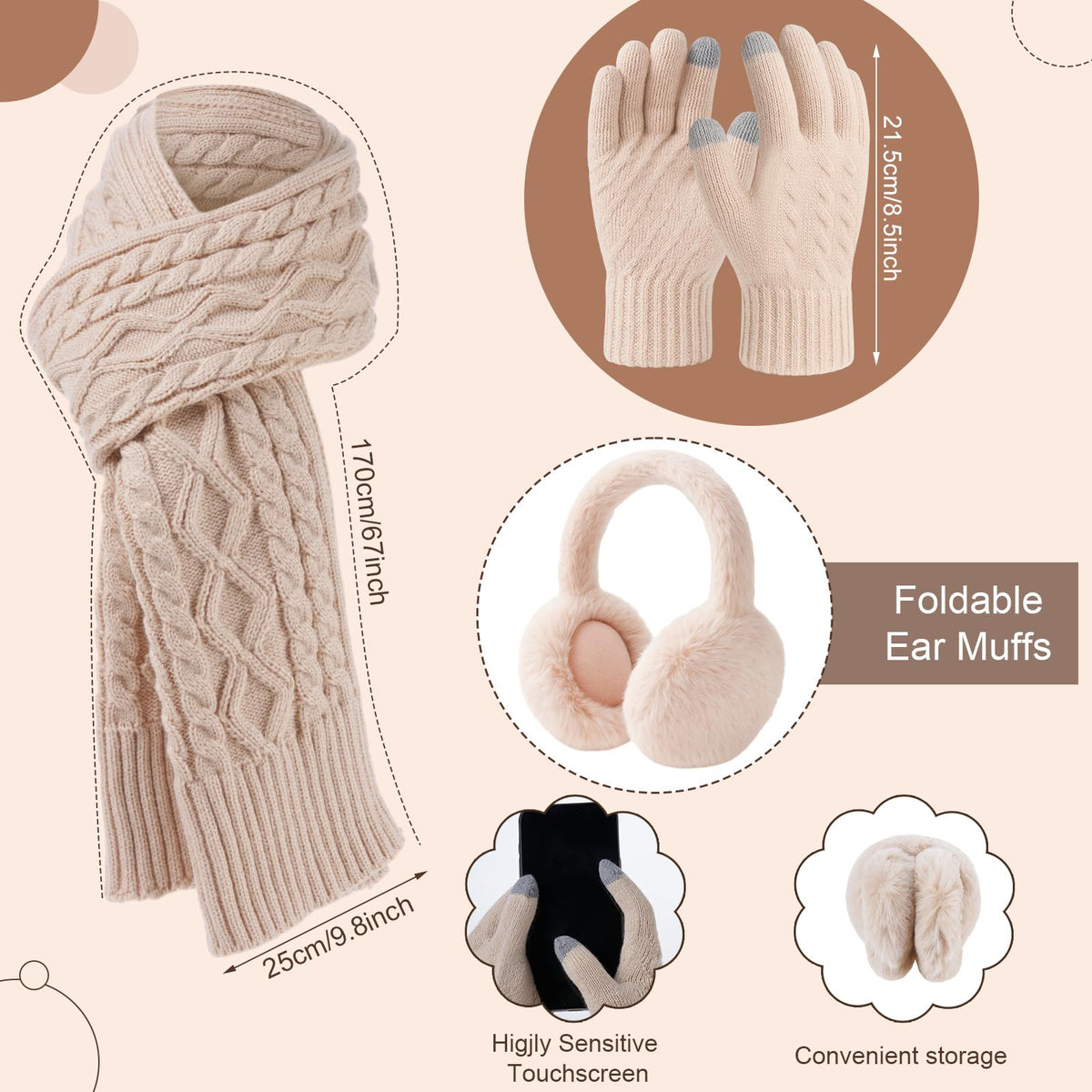 Geyoga 6 Pcs Winter Warm Set for Women Warm Beanies Hats Touchscreen Gloves Long Scarf Ear Muffs Socks Winter Gifts for Women