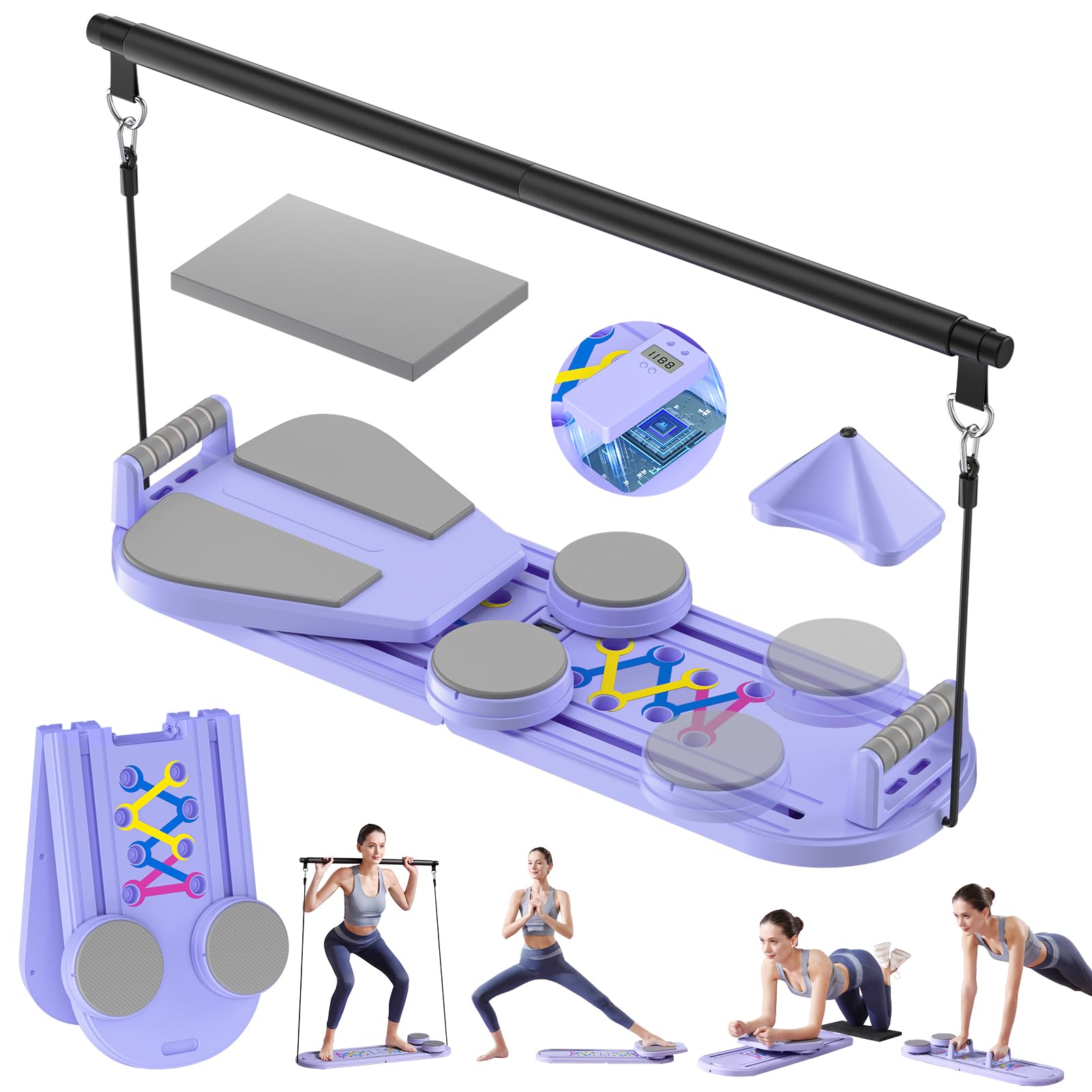 Pilates Reformer, Foldable Pilates Board, 7-in-1 Multi-Function Pilates Equipment, Home Pilates Set, Full Body Workout, Universal Portable Gym Equipment for Core Strength and Pilates Training
