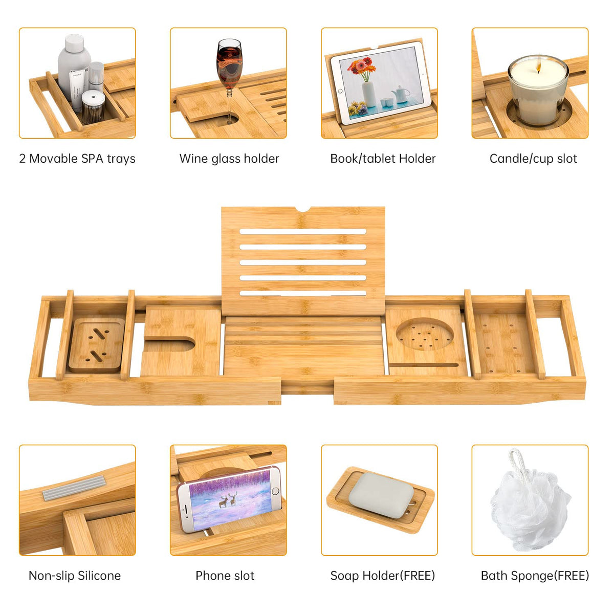 Zhuoyue Bamboo Bathtub Tray, Expandable Premium Bath Tray for Luxury Bathroom, Adjustable Bath Accessories for Tub with Soap Towel Book Holder, Extendable 29.5-43.3" White