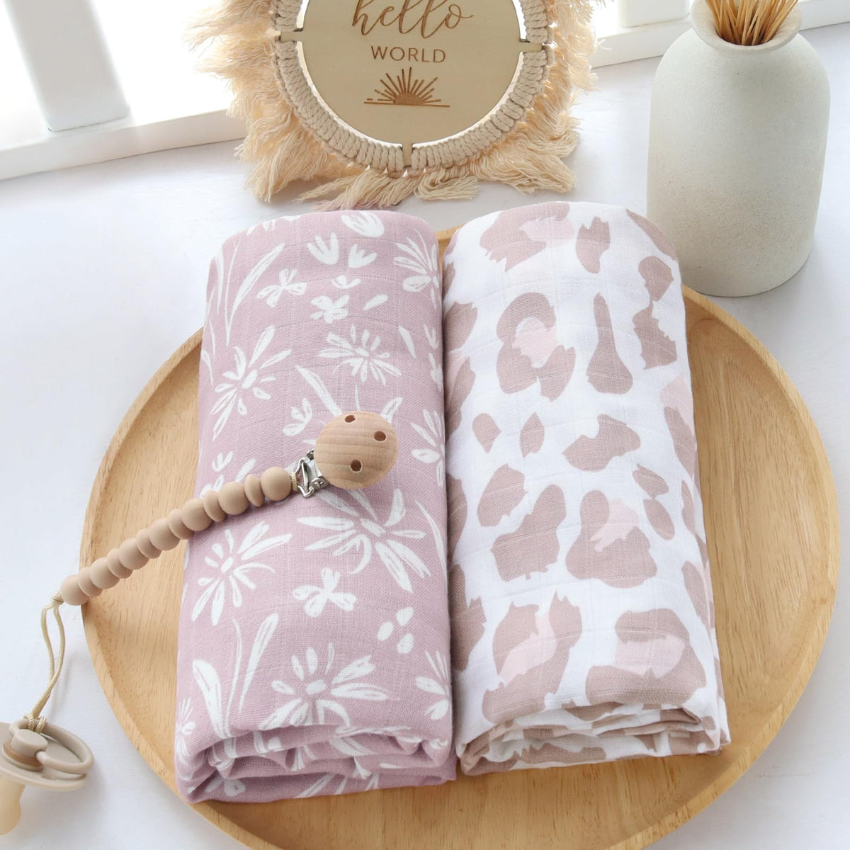 LifeTree Muslin Swaddle Blankets, Baby Swaddling Wrap Nursery Blanket Unisex, Soft 70% Viscose from Bamboo and 30% Cotton, Large 47 x 47 inches, Bear & Checkered Swaddle Blanket
