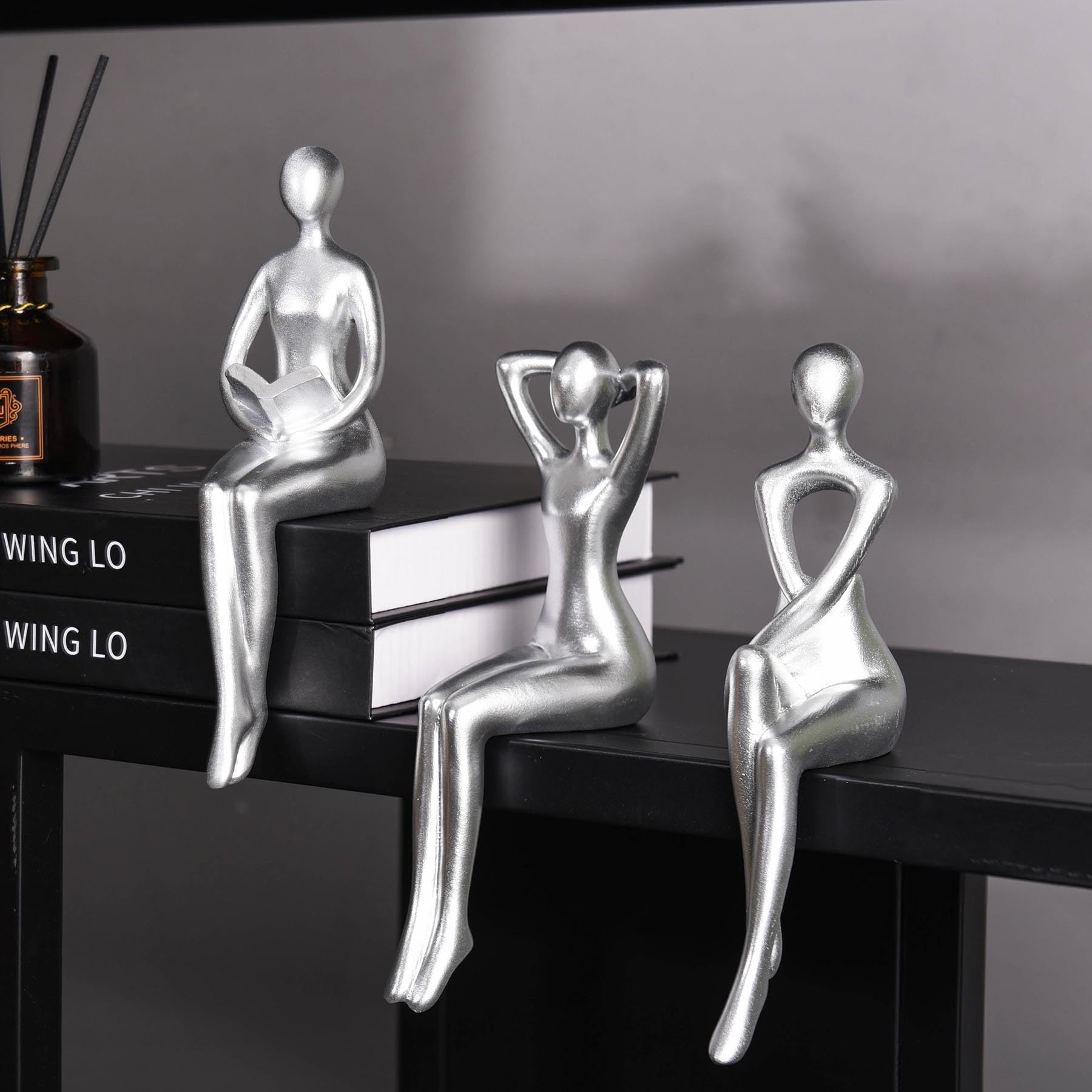 Quoowiit Gold Decor Thinker Statue Decor Book Shelf Decor, Abstract Statue Ornament Office Decor Modern Home Decor Decorations for Living Room Collectable Figurines Coffee Table Decor 3 Piece