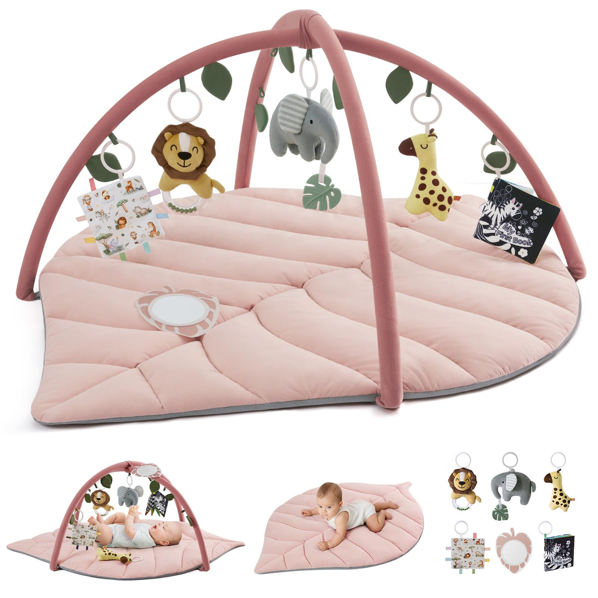 Blissful Diary Baby Play Gym & Activity Mat, Oversize Leaf Shaped Baby Play Mat w 6 Detachable Toys, Tummy Time Mat Promote Motor Skills & Sensory Development Mat, Newborn Infant Baby Essentials Gift