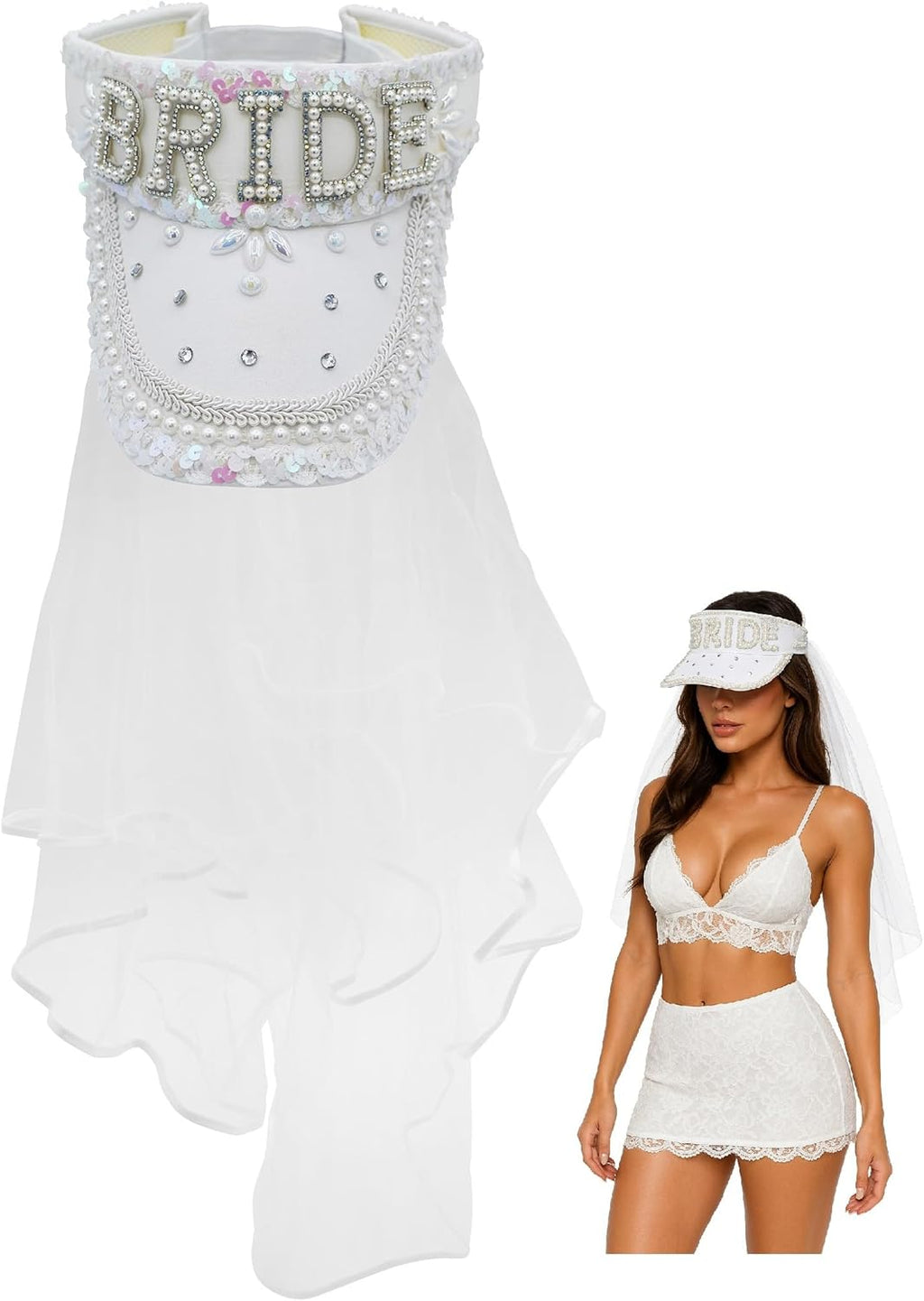 Nicky Bigs Novelties Bride Sun Visor with Detachable Veil Cream White Bachelorette Hat with Sequins Pearls & Rhinestones Adjustable Party Cap for Beach Wedding Festival or Cosplay
