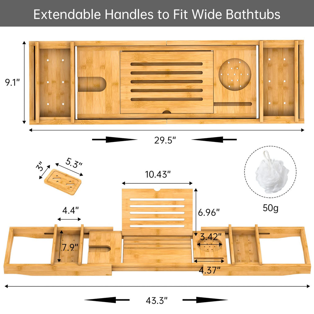 Zhuoyue Bamboo Bathtub Tray, Expandable Premium Bath Tray for Luxury Bathroom, Adjustable Bath Accessories for Tub with Soap Towel Book Holder, Extendable 29.5-43.3" White