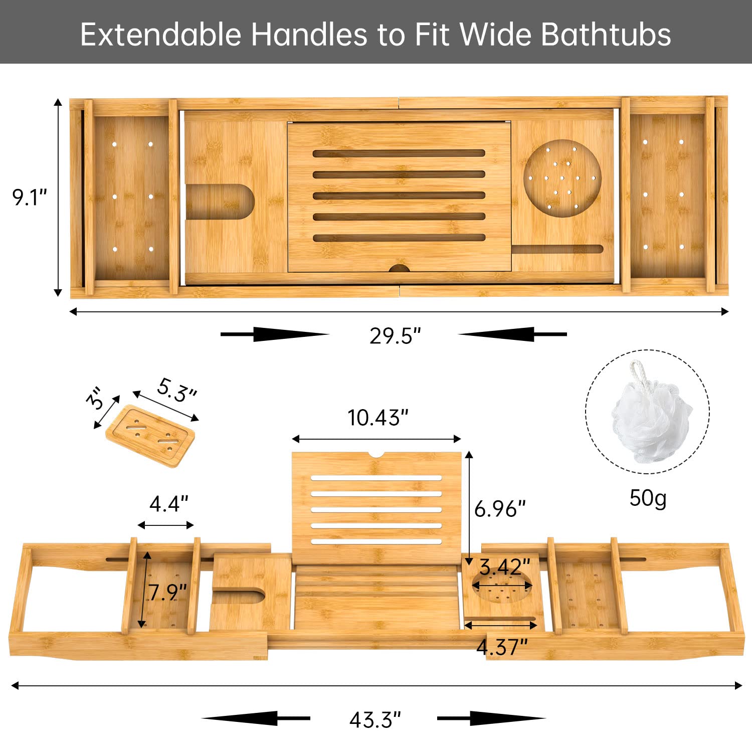 Zhuoyue Bamboo Bathtub Tray, Expandable Premium Bath Tray for Luxury Bathroom, Adjustable Bath Accessories for Tub with Soap Towel Book Holder, Extendable 29.5-43.3" White