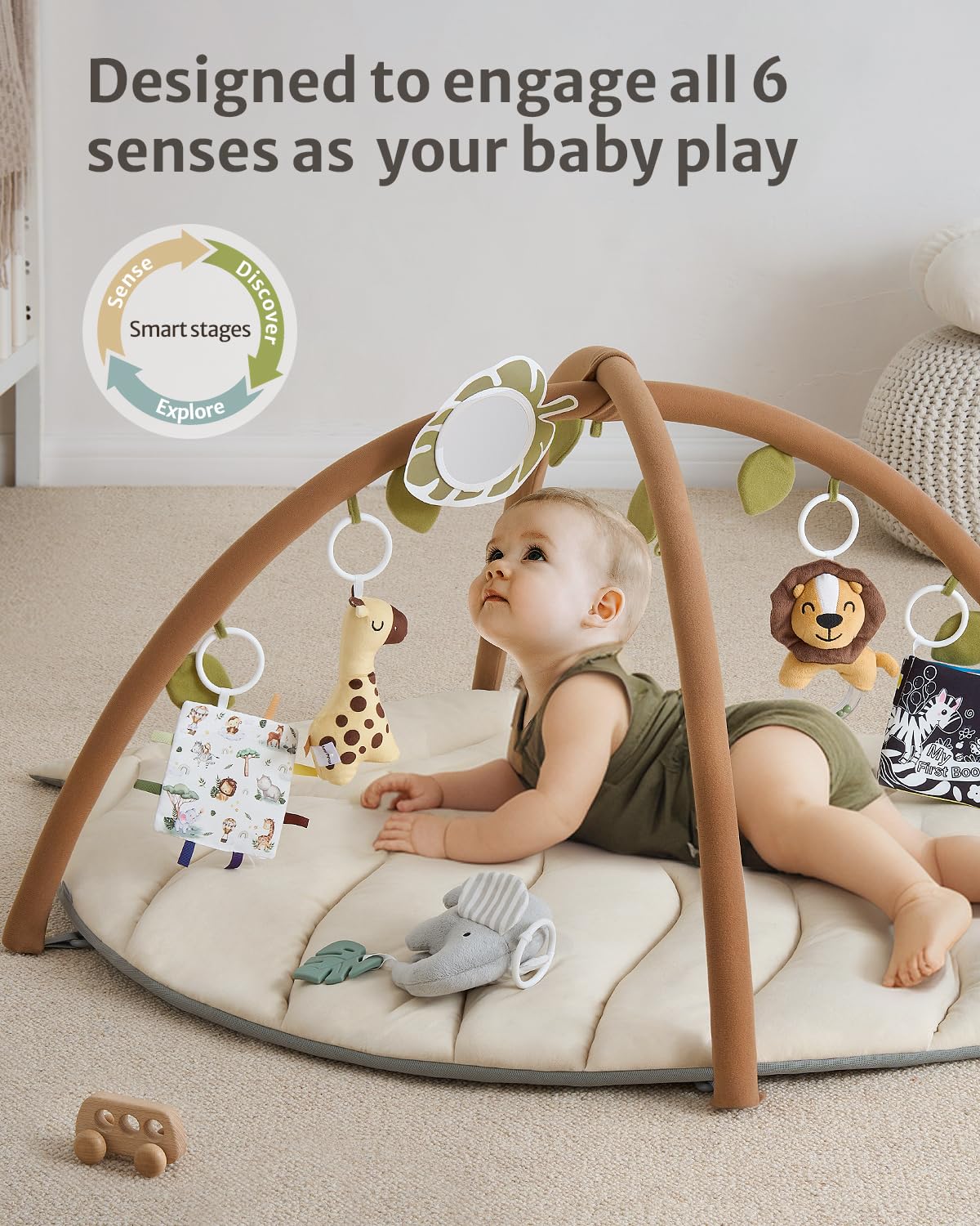 Blissful Diary Baby Play Gym & Activity Mat, Oversize Leaf Shaped Baby Play Mat w 6 Detachable Toys, Tummy Time Mat Promote Motor Skills & Sensory Development Mat, Newborn Infant Baby Essentials Gift