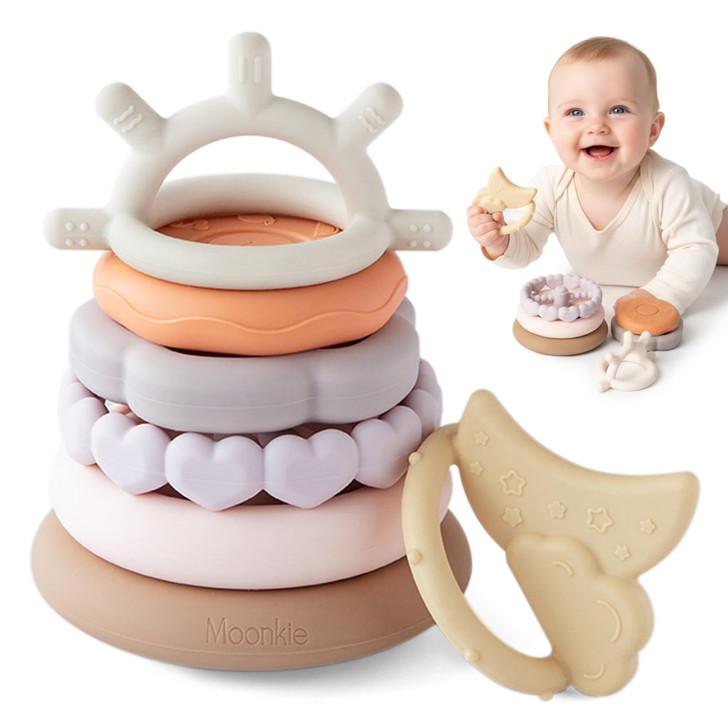 Moonkie Stacks of Circles Soft Teething Toy | Educational Learning Baby Toy | Stacking Ring Toys for Babies Boy and Girl | 7 Piece Teethers Set