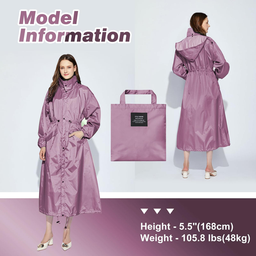 LAMA Womens Long Raincoats Rain Jacket Waterproof Packable Hooded Windbreaker Lightweight Adjustable Waist for Outdoor
