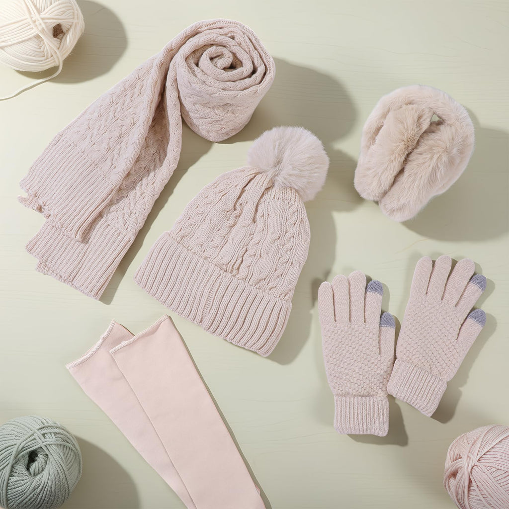 Geyoga 6 Pcs Winter Warm Set for Women Warm Beanies Hats Touchscreen Gloves Long Scarf Ear Muffs Socks Winter Gifts for Women