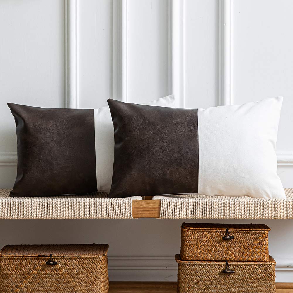DEZENE Leather Throw Pillow Covers, Set of 2 Modern Leather/Cotton Decorative Pillowcases for Home Decor Bedroom Living Room Couch Bed Sofa, 18x18 Inch, Cognac-Brown and White