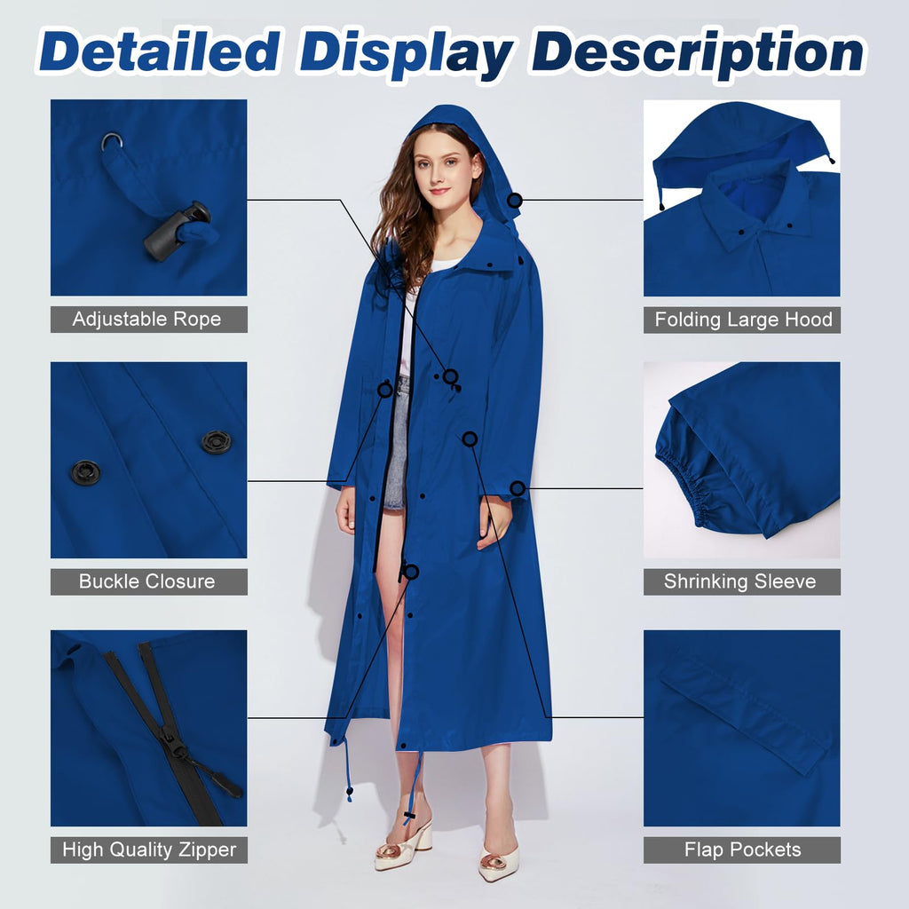 LAMA Womens Long Raincoats Rain Jacket Waterproof Packable Hooded Windbreaker Lightweight Adjustable Waist for Outdoor