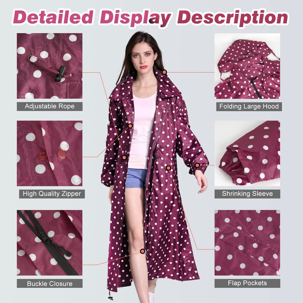 LAMA Womens Long Raincoats Rain Jacket Waterproof Packable Hooded Windbreaker Lightweight Adjustable Waist for Outdoor