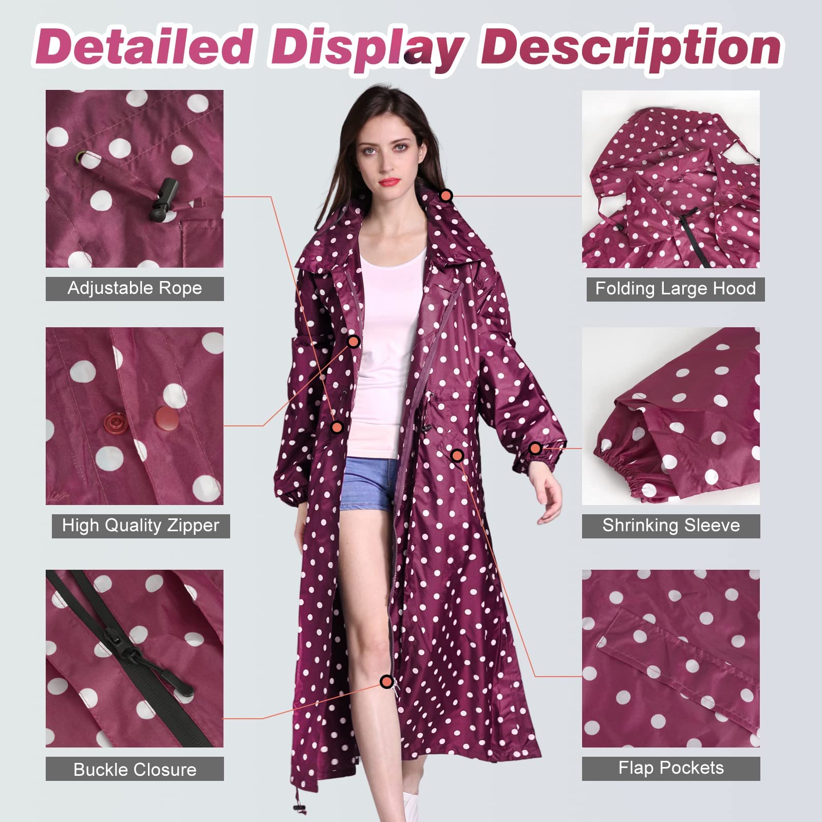 LAMA Womens Long Raincoats Rain Jacket Waterproof Packable Hooded Windbreaker Lightweight Adjustable Waist for Outdoor