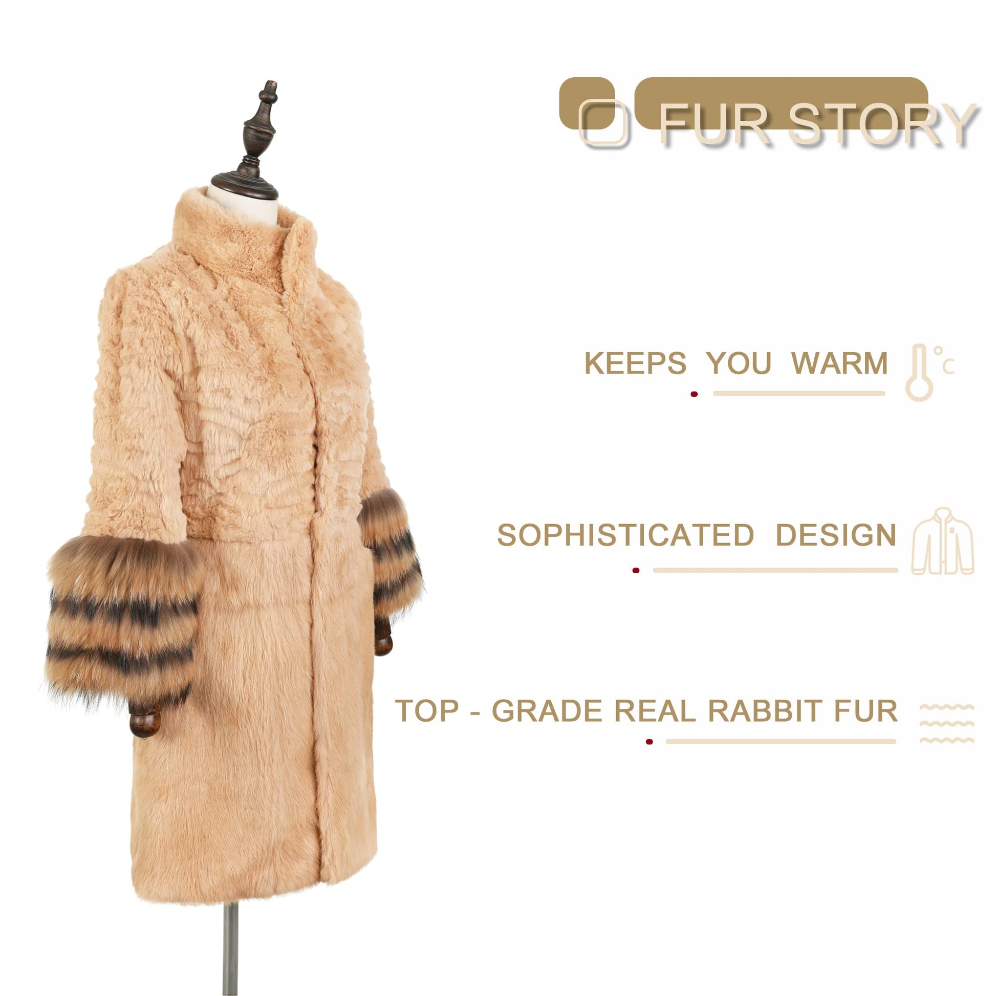 Fur Story Women's Genuine Rabbit Fur Coat With Fox Fur Cuffs Warm Winter Coat Black Long Jacket