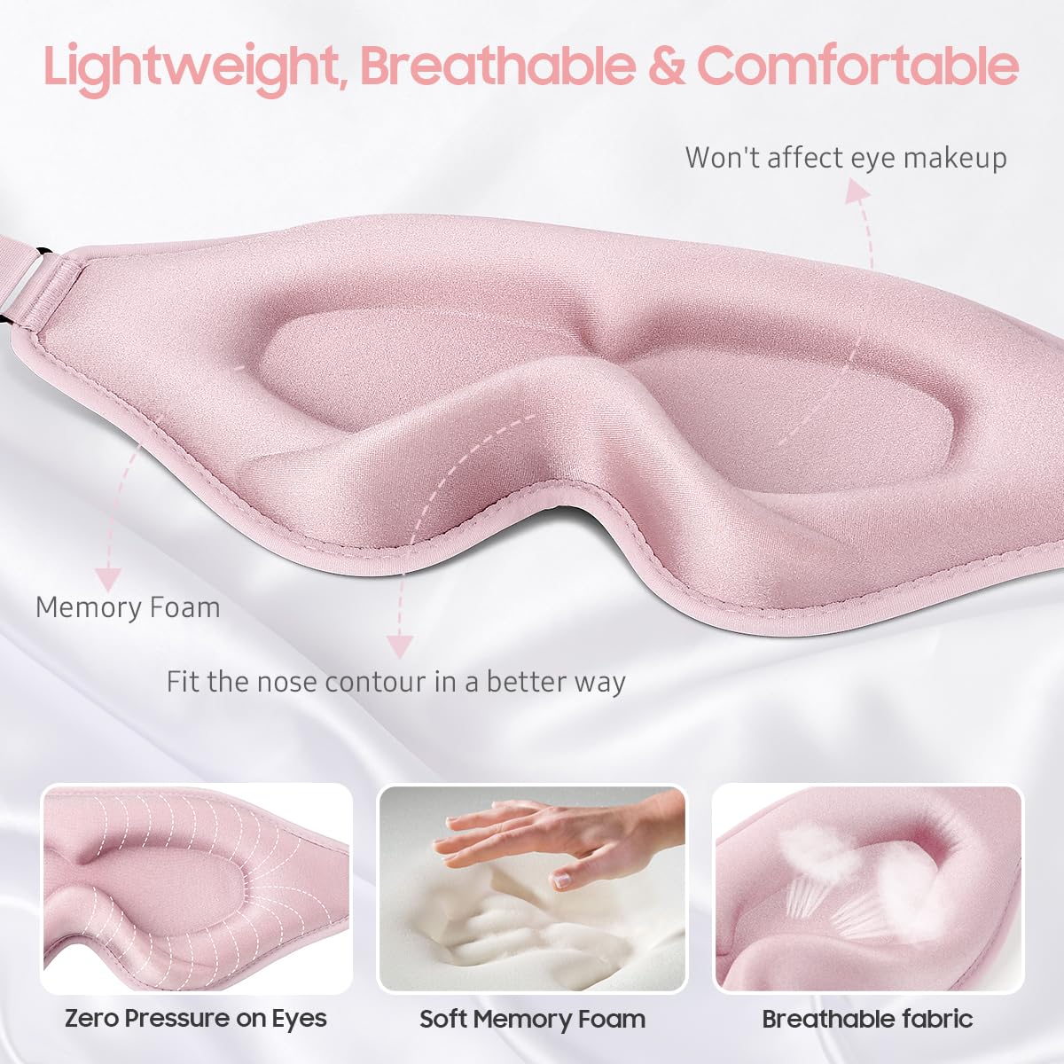 Sleep Mask, Premium Eye Mask for Sleeping, Total Blackout, Super Soft Comfort, Adjustable Fit, Upgraded 3D Ergonomic Designed Sleeping Mask for Home, Office, Travel, Meditation, Yoga, Pink
