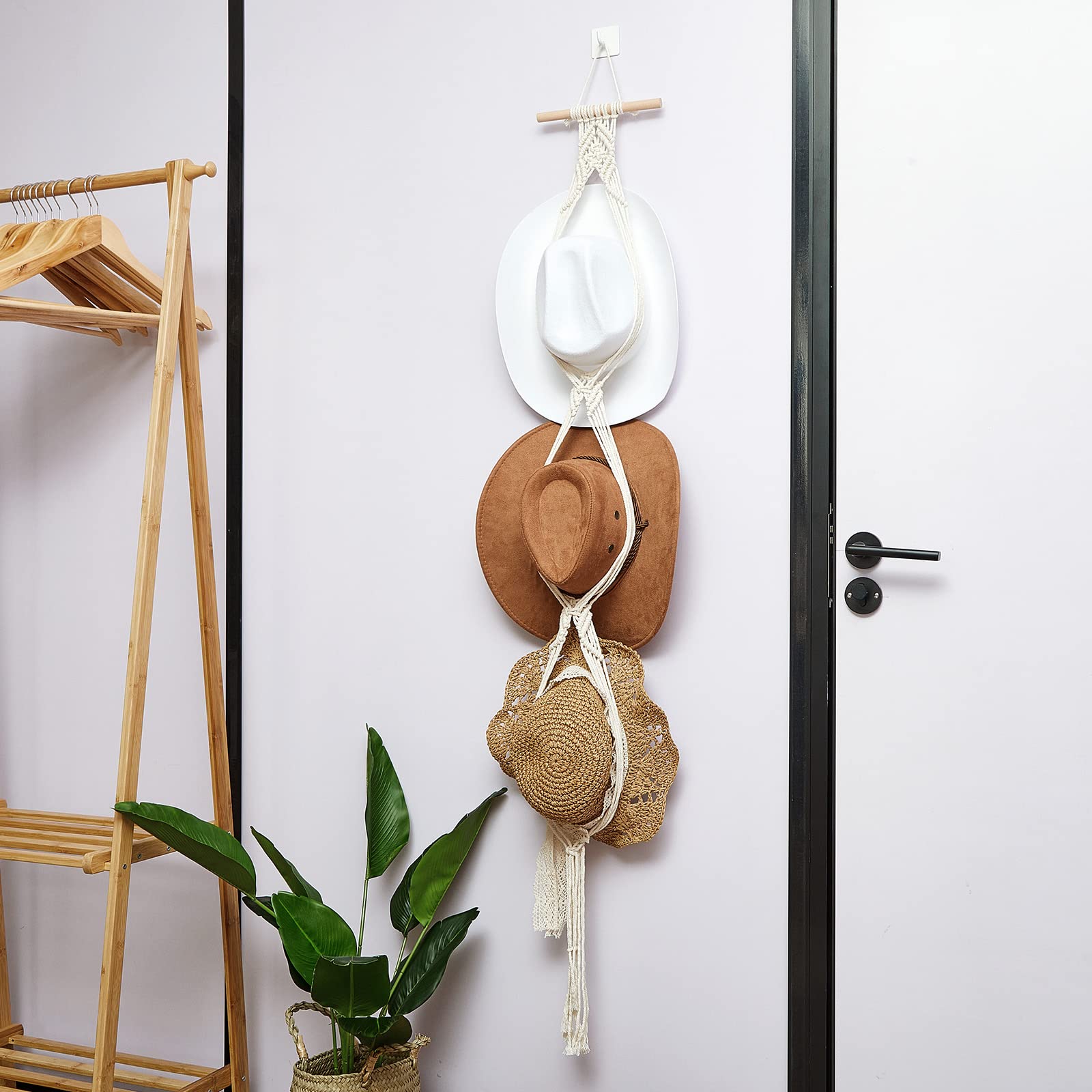 Yulejo Macrame Hat Hangers Boho Hat Rack for Wall Western Cowboy Hanging Organizer for Door Wall Room Bedroom