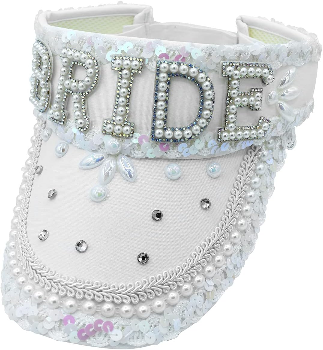 Nicky Bigs Novelties Bride Sun Visor with Detachable Veil Cream White Bachelorette Hat with Sequins Pearls & Rhinestones Adjustable Party Cap for Beach Wedding Festival or Cosplay