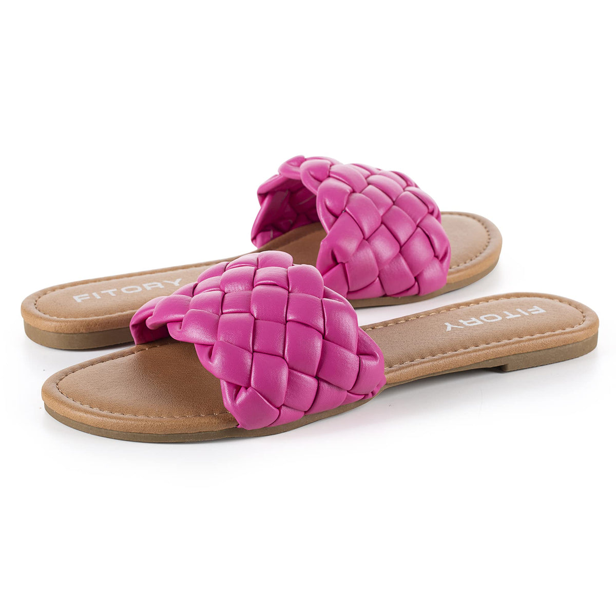 FITORY Womens Flat Sandals Fashion Round Open Toe Slip On Slides with Braided Strap Slippers for Summer Size 6-11