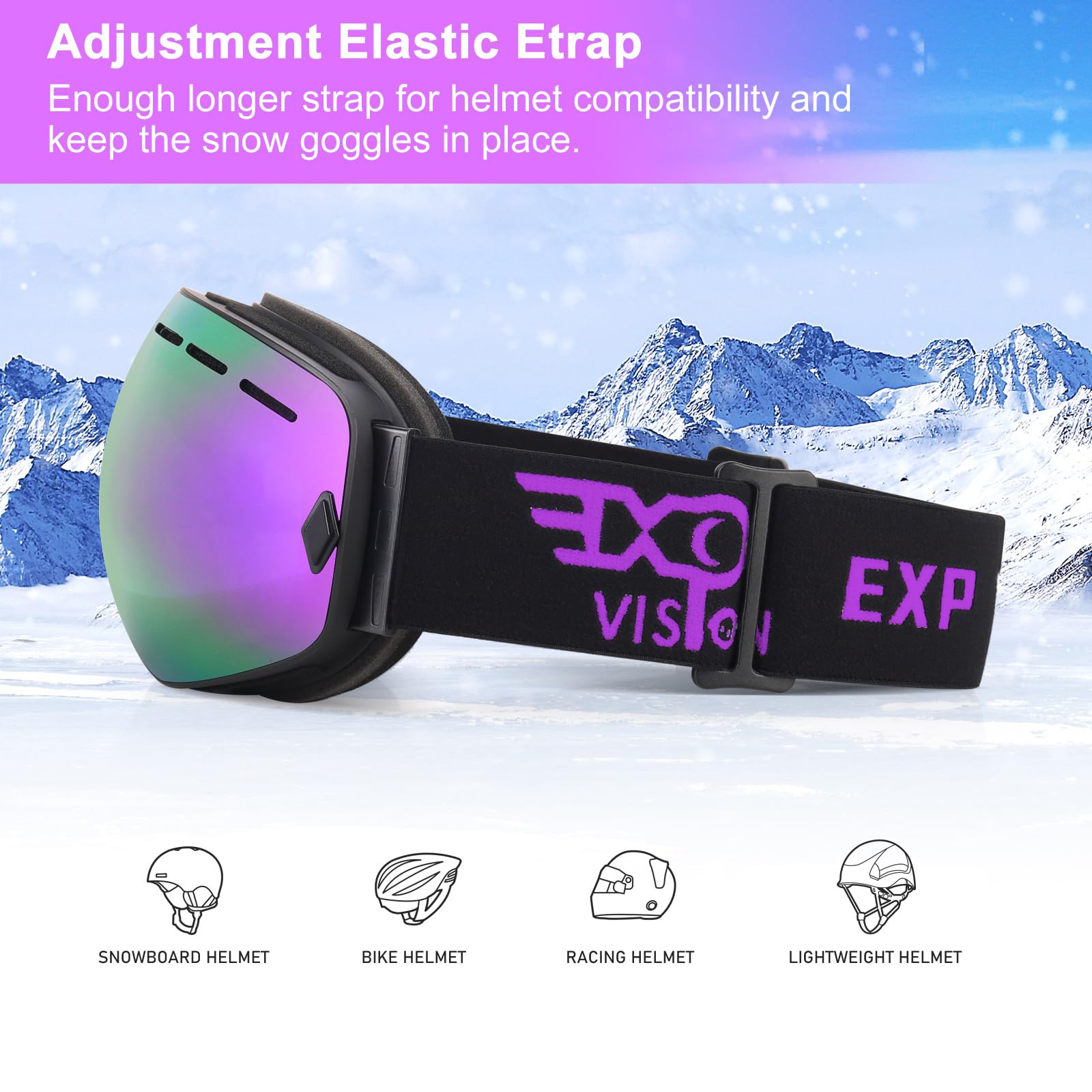 EXP VISION Snowboard Ski Goggles Men Women Youth, Anti Fog OTG Winter Snow Goggles Spherical Detachable Lens