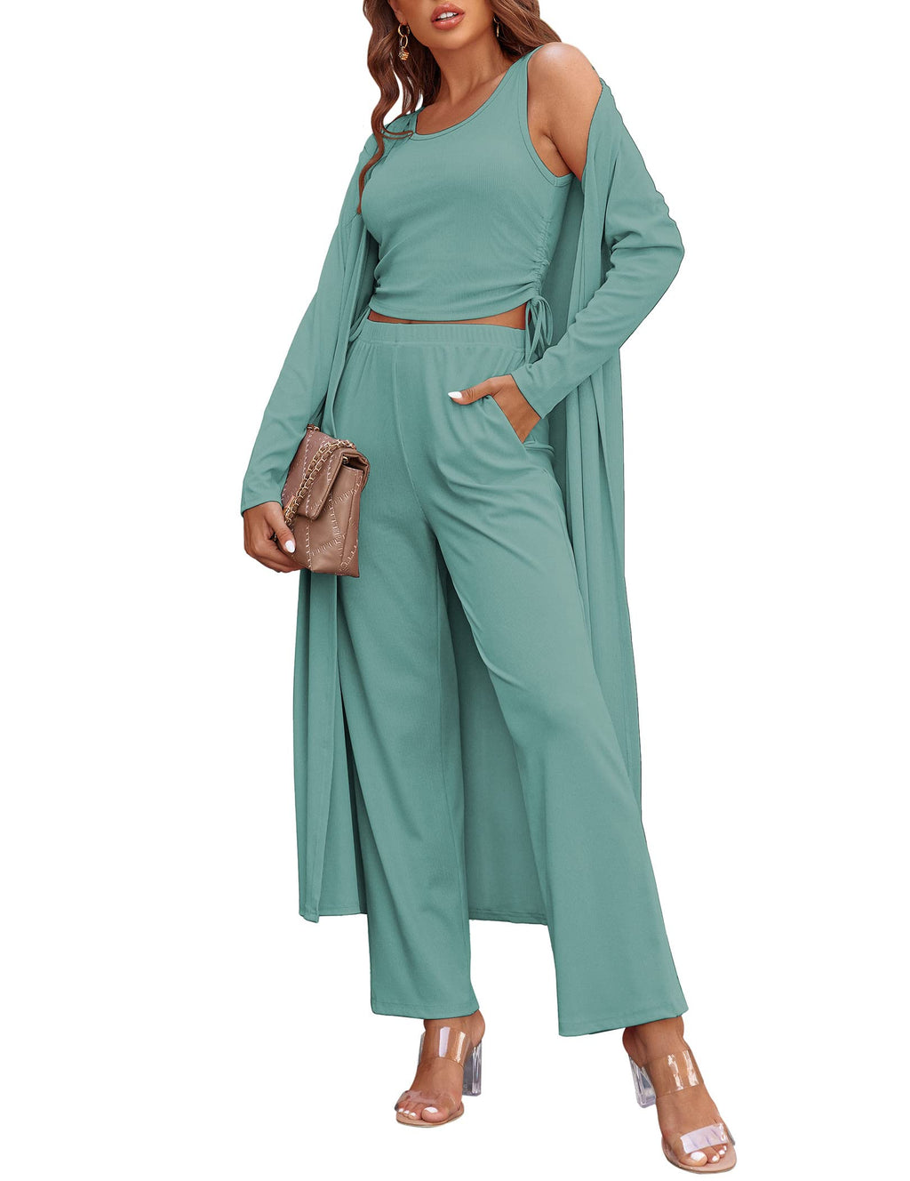 Ekouaer Women's 3 Piece Knit Lounge Set Pajama Long Sleeve Cardigan Sleeveless Top Pants Sweatsuit S-XXL