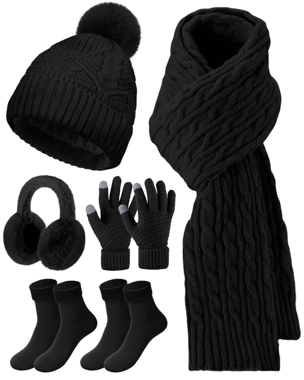 Geyoga 6 Pcs Winter Warm Set for Women Warm Beanies Hats Touchscreen Gloves Long Scarf Ear Muffs Socks Winter Gifts for Women