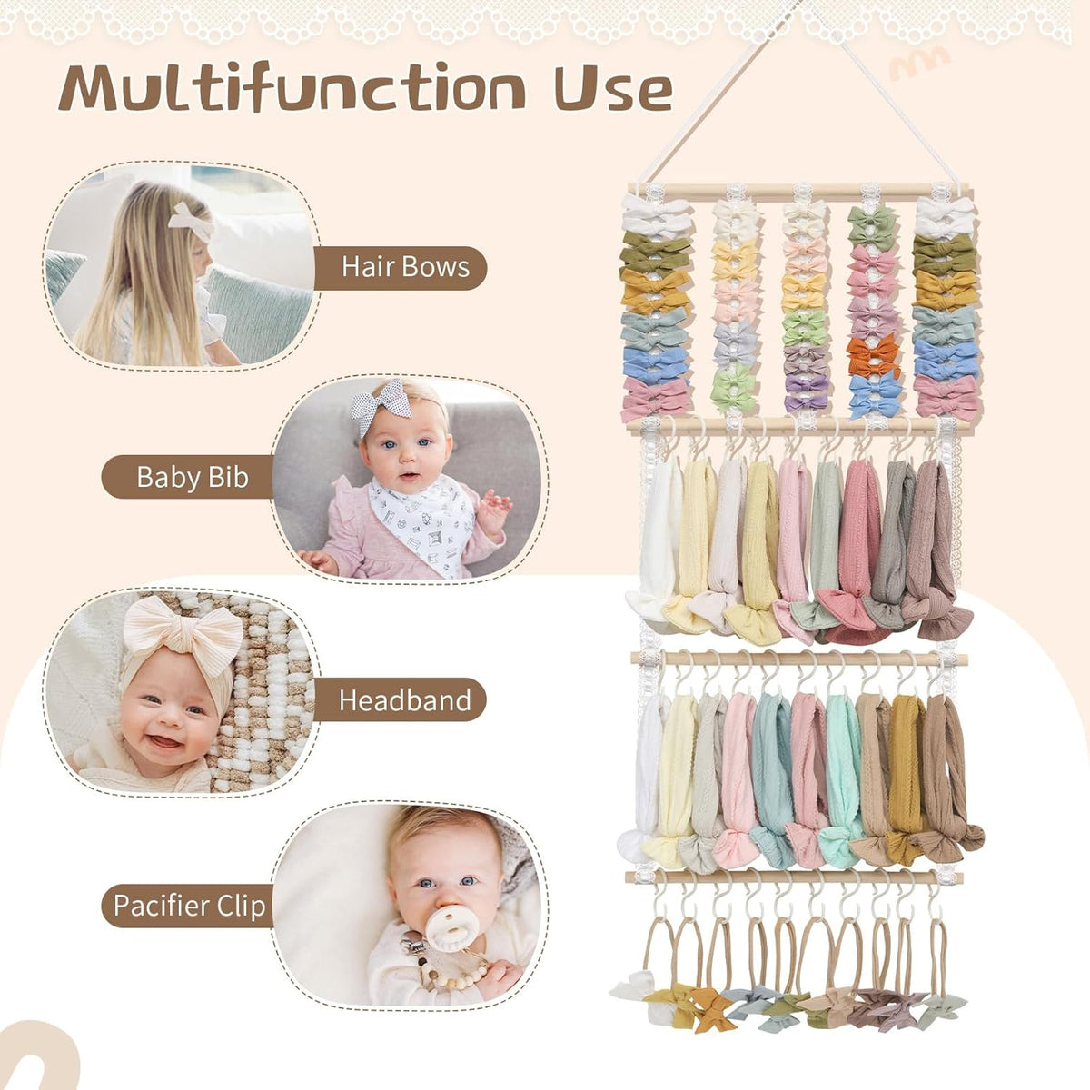 POVETIRE Headband Holder Hair Bows Organizer for Girls, Baby Headbands Hair Accessories Organizer Storage Wall Hanging Decor for Toddler Girls Room