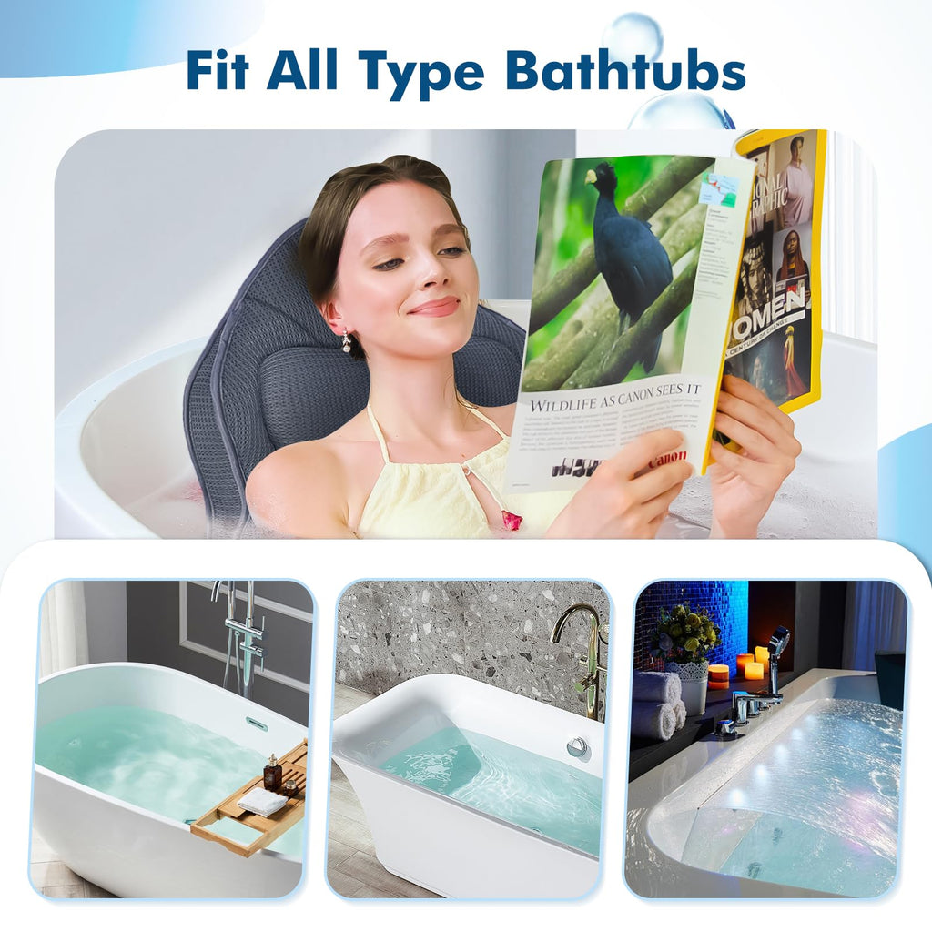 Luxury Thick Full Body Bath Pillows Mat & Cushion for Bathtub Headrest Neck Shoulder Support Comfort Relaxation Spa Accessories Perfect for a Spa Soak in Bathtub (Gray)