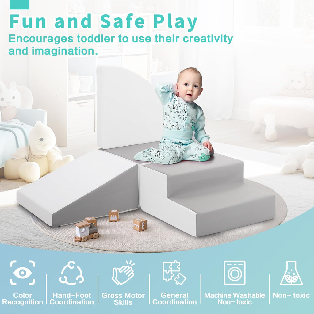 4-Piece Soft PU Leather Toddlers Climbing Toys, Baby Foam Climbing Blocks for Toddlers 3, Foam Play Gym Climbing Structures, Indoor Climb and Crawl Activity Play Set (White and Coffee)