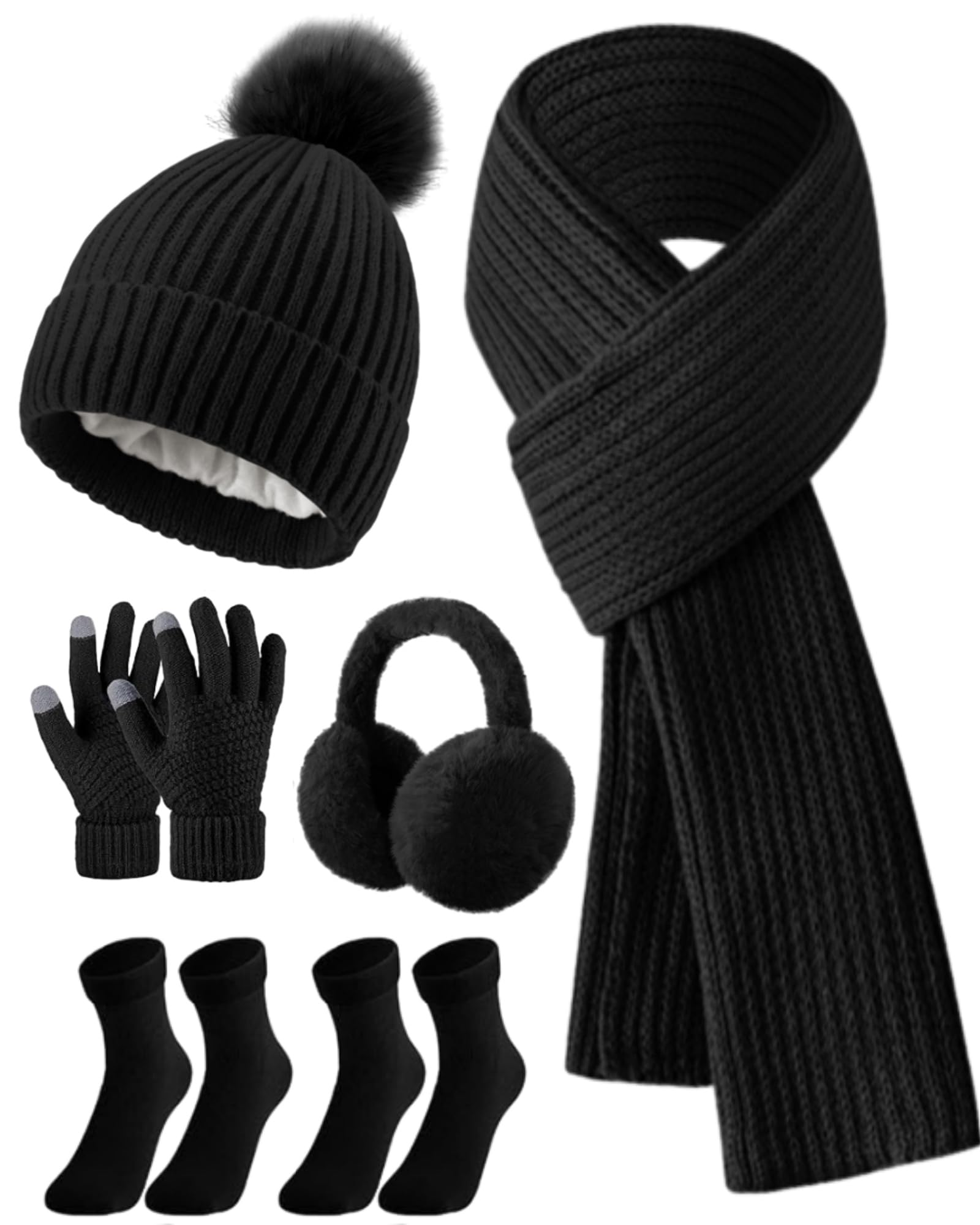 Geyoga 6 Pcs Winter Warm Set for Women Warm Beanies Hats Touchscreen Gloves Long Scarf Ear Muffs Socks Winter Gifts for Women