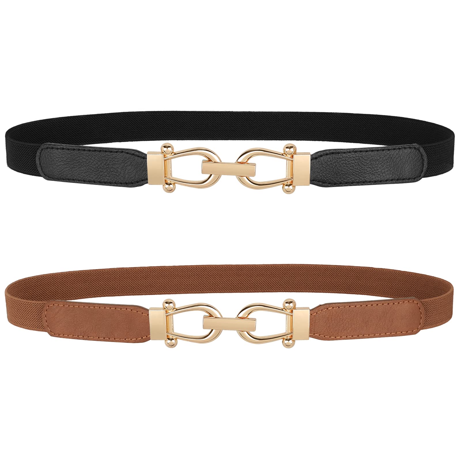 JASGOOD Women Skinny Elastic Belt for Dresses,Thin Retro Stretch Waist Belt with Golden Buckle