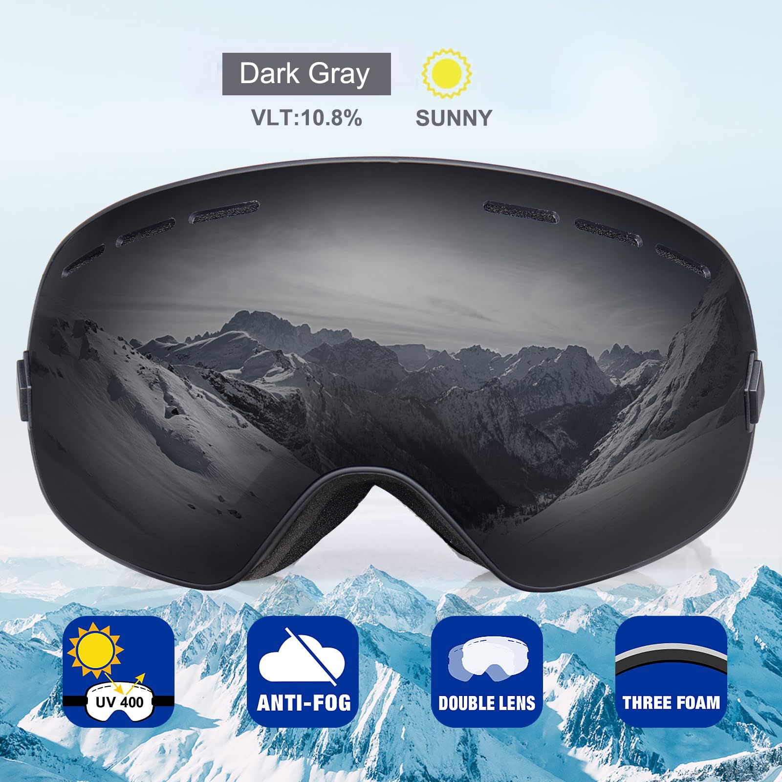 EXP VISION Snowboard Ski Goggles Men Women Youth, Anti Fog OTG Winter Snow Goggles Spherical Detachable Lens