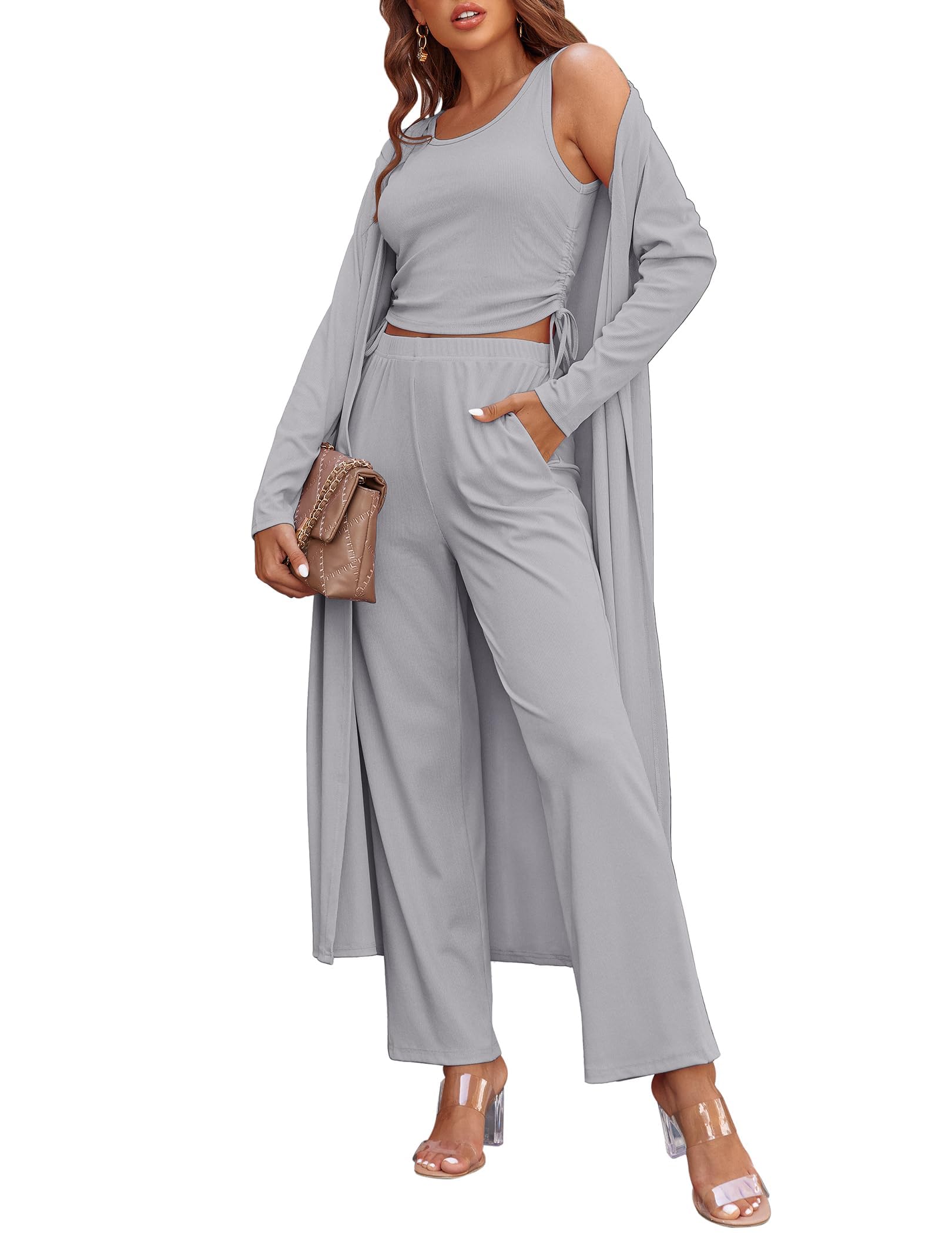 Ekouaer Women's 3 Piece Knit Lounge Set Pajama Long Sleeve Cardigan Sleeveless Top Pants Sweatsuit S-XXL