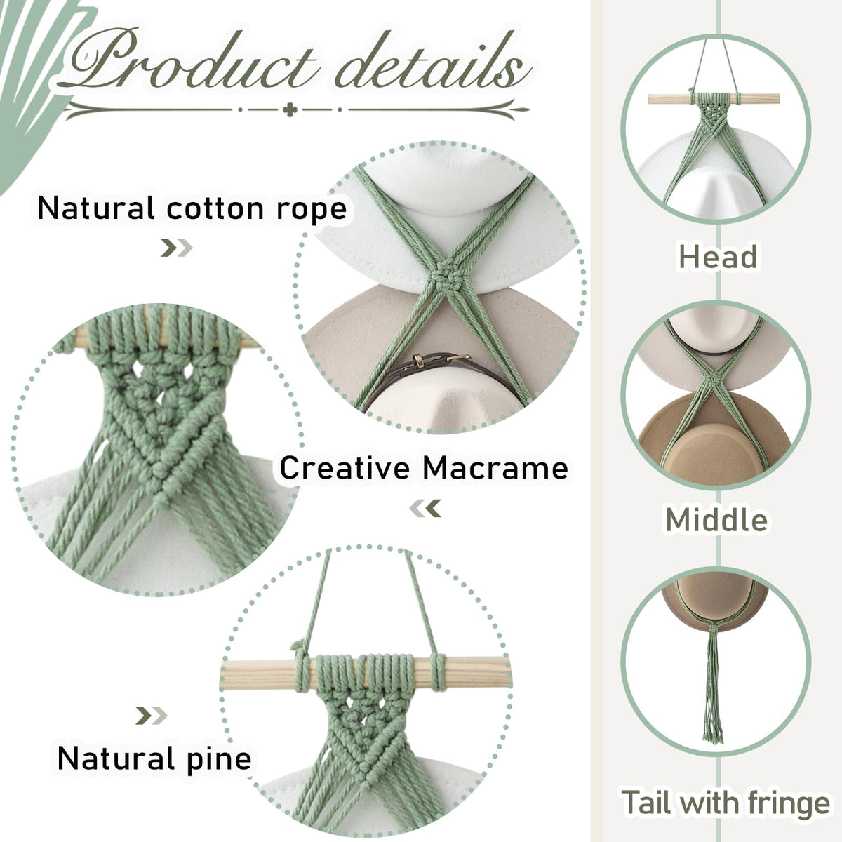 Yulejo Macrame Hat Hangers Boho Hat Rack for Wall Western Cowboy Hanging Organizer for Door Wall Room Bedroom