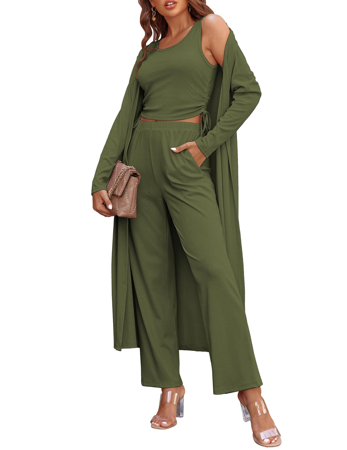 Ekouaer Women's 3 Piece Knit Lounge Set Pajama Long Sleeve Cardigan Sleeveless Top Pants Sweatsuit S-XXL