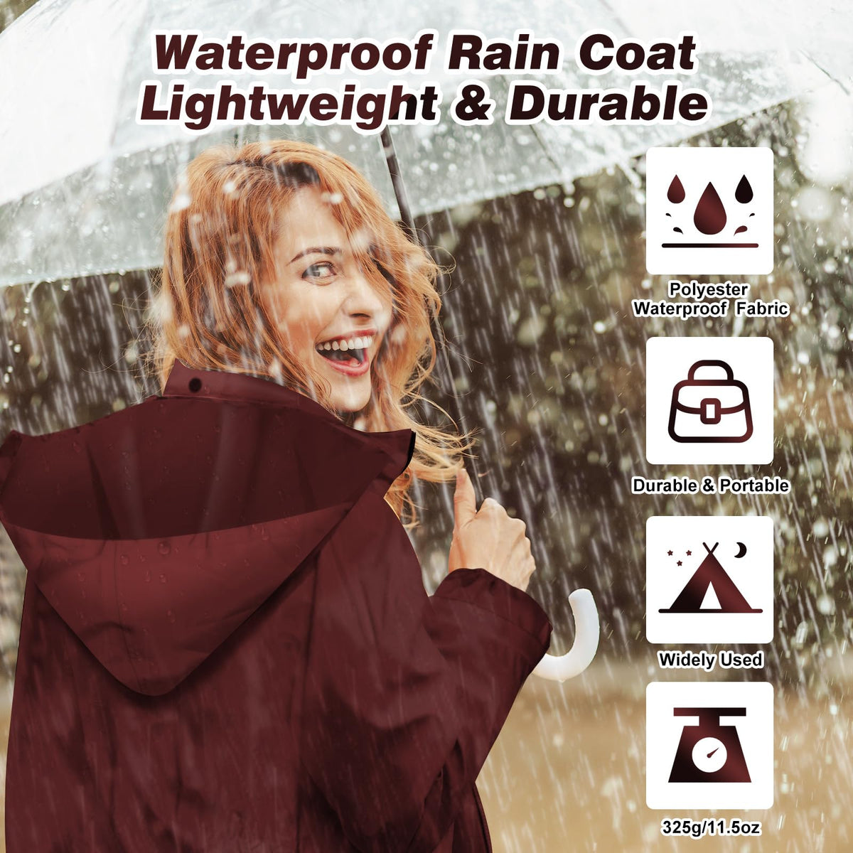 LAMA Womens Long Raincoats Rain Jacket Waterproof Packable Hooded Windbreaker Lightweight Adjustable Waist for Outdoor