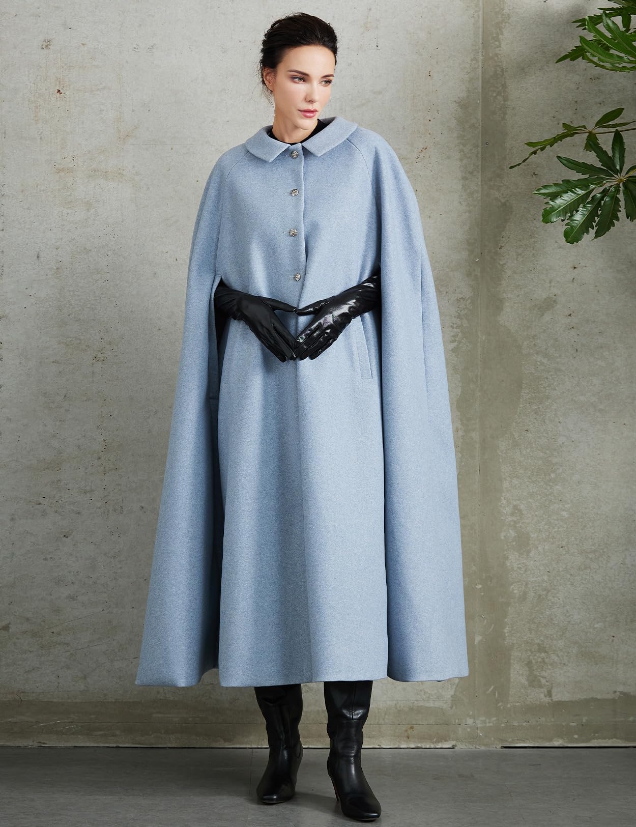 Women Wool Blend Single-Breasted Cape Coat Vintage Jacket Outwear with Pockets for Fall Winter