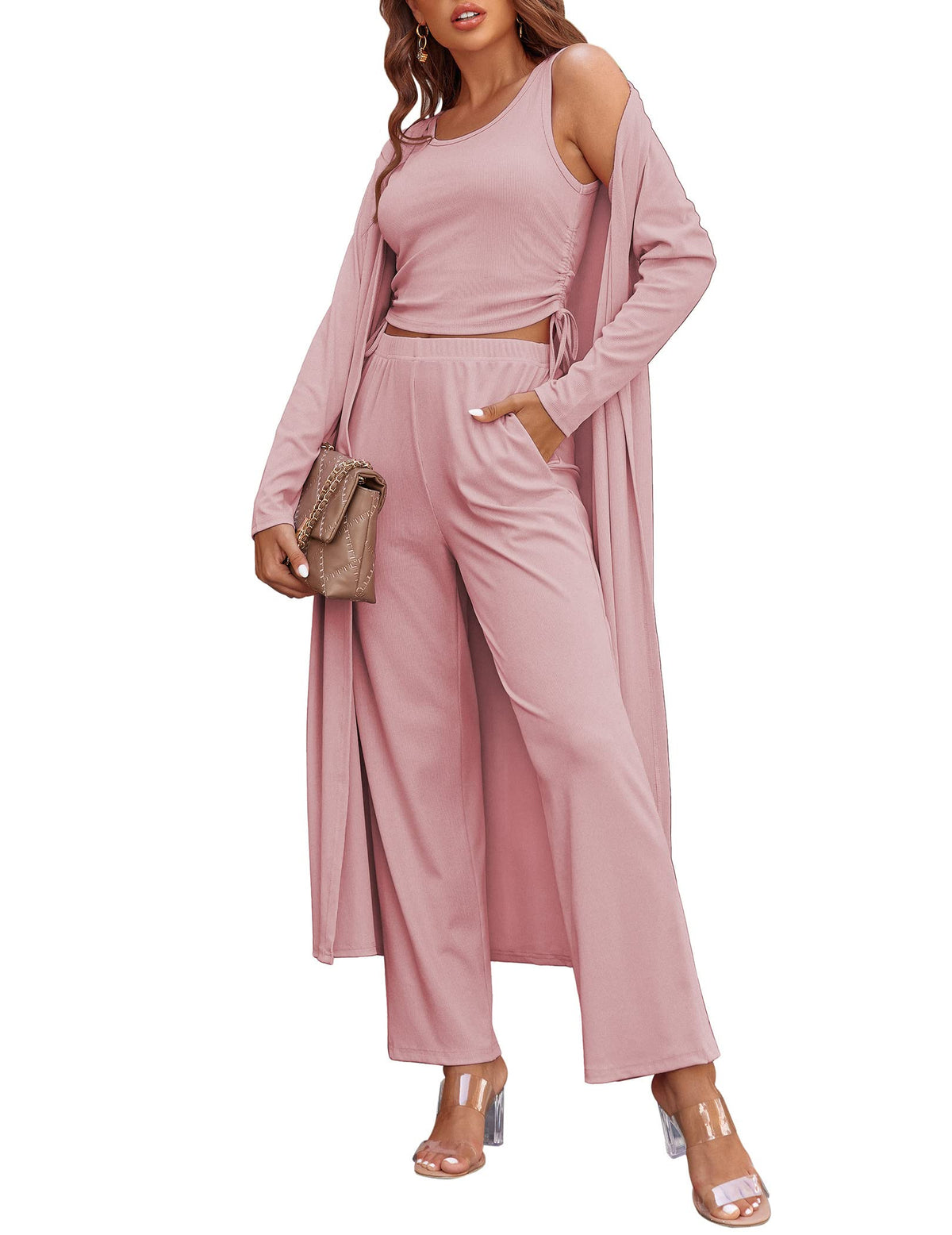 Ekouaer Women's 3 Piece Knit Lounge Set Pajama Long Sleeve Cardigan Sleeveless Top Pants Sweatsuit S-XXL