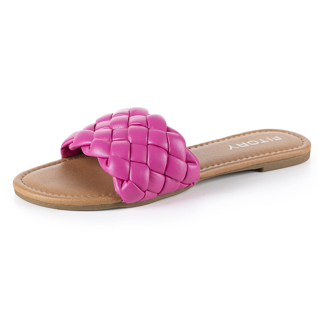 FITORY Womens Flat Sandals Fashion Round Open Toe Slip On Slides with Braided Strap Slippers for Summer Size 6-11