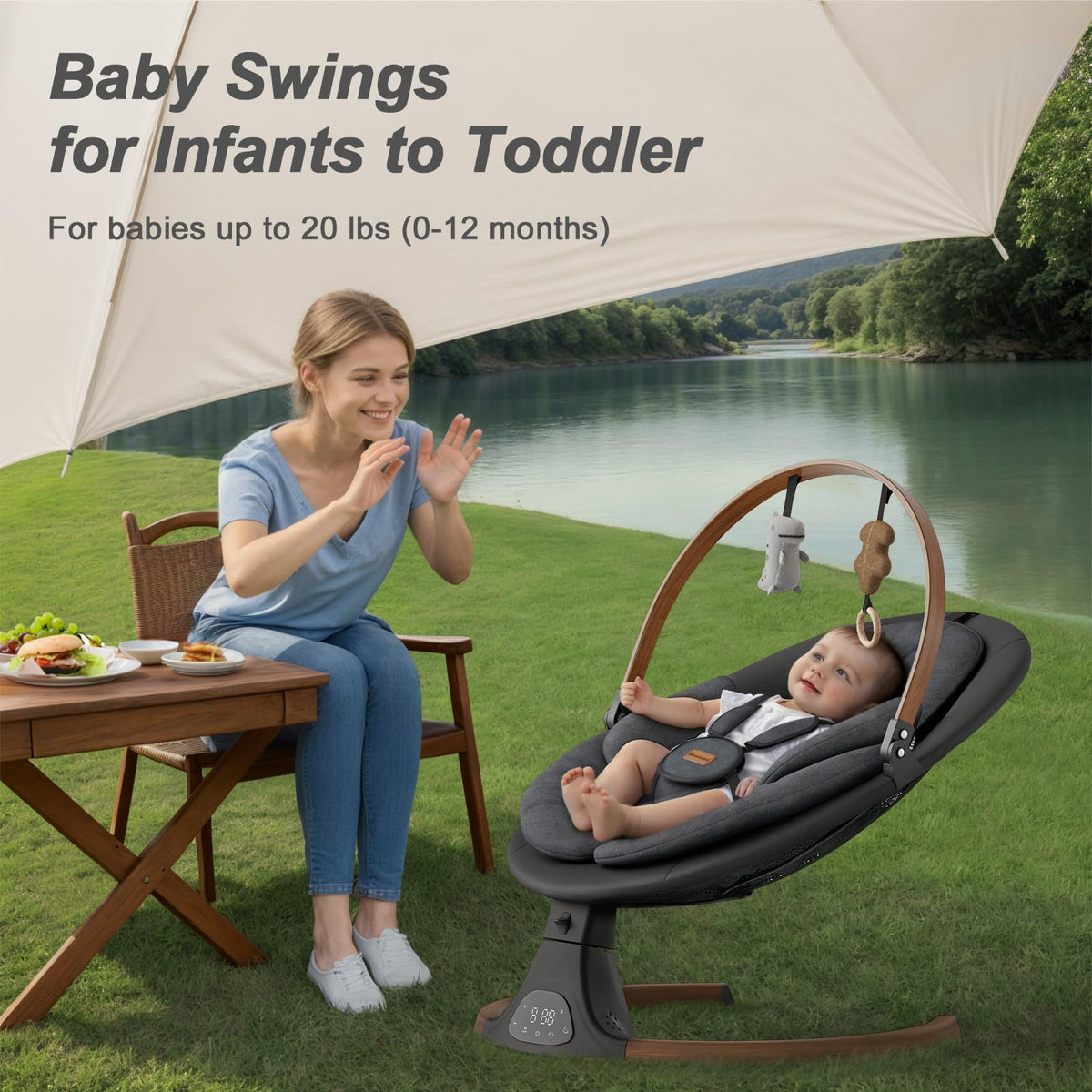 Baby Swings for Infants, Monamii Baby Swing, Infant Swing with 5 Speeds, 10 Lullabies, Electric Swing for Baby, Indoor & Outdoor Use (Beige)