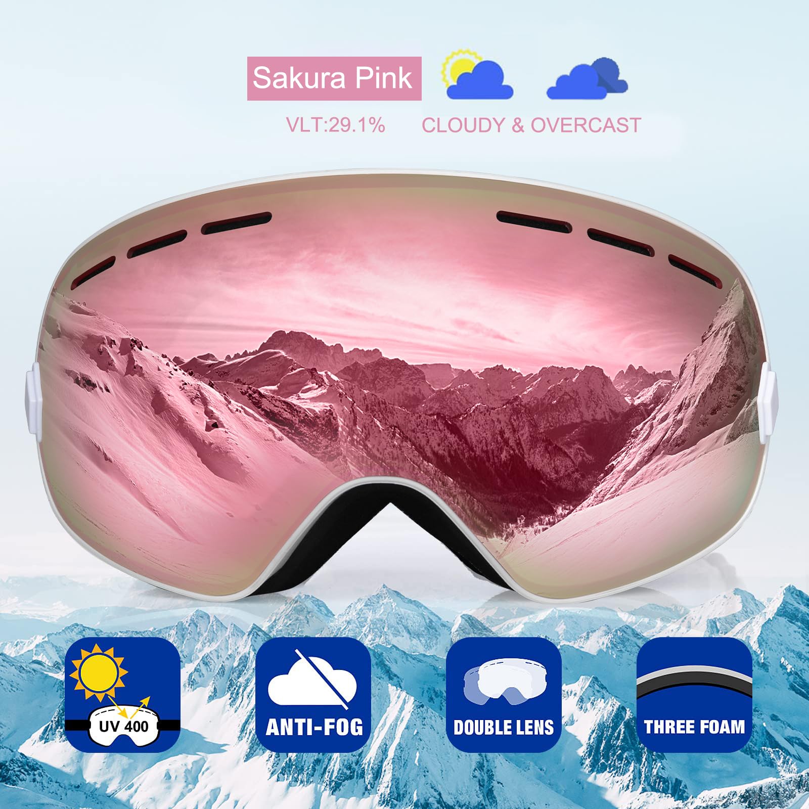 EXP VISION Snowboard Ski Goggles Men Women Youth, Anti Fog OTG Winter Snow Goggles Spherical Detachable Lens