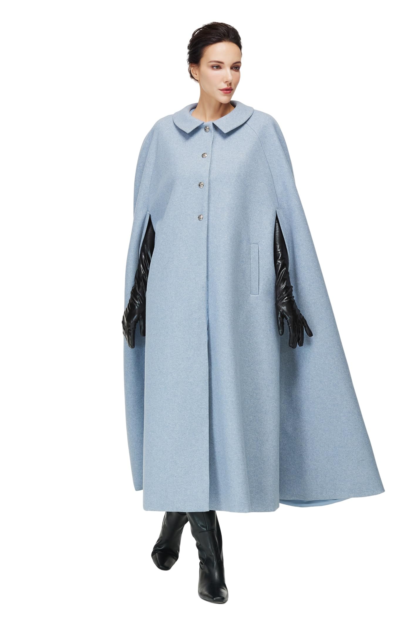 Women Wool Blend Single-Breasted Cape Coat Vintage Jacket Outwear with Pockets for Fall Winter