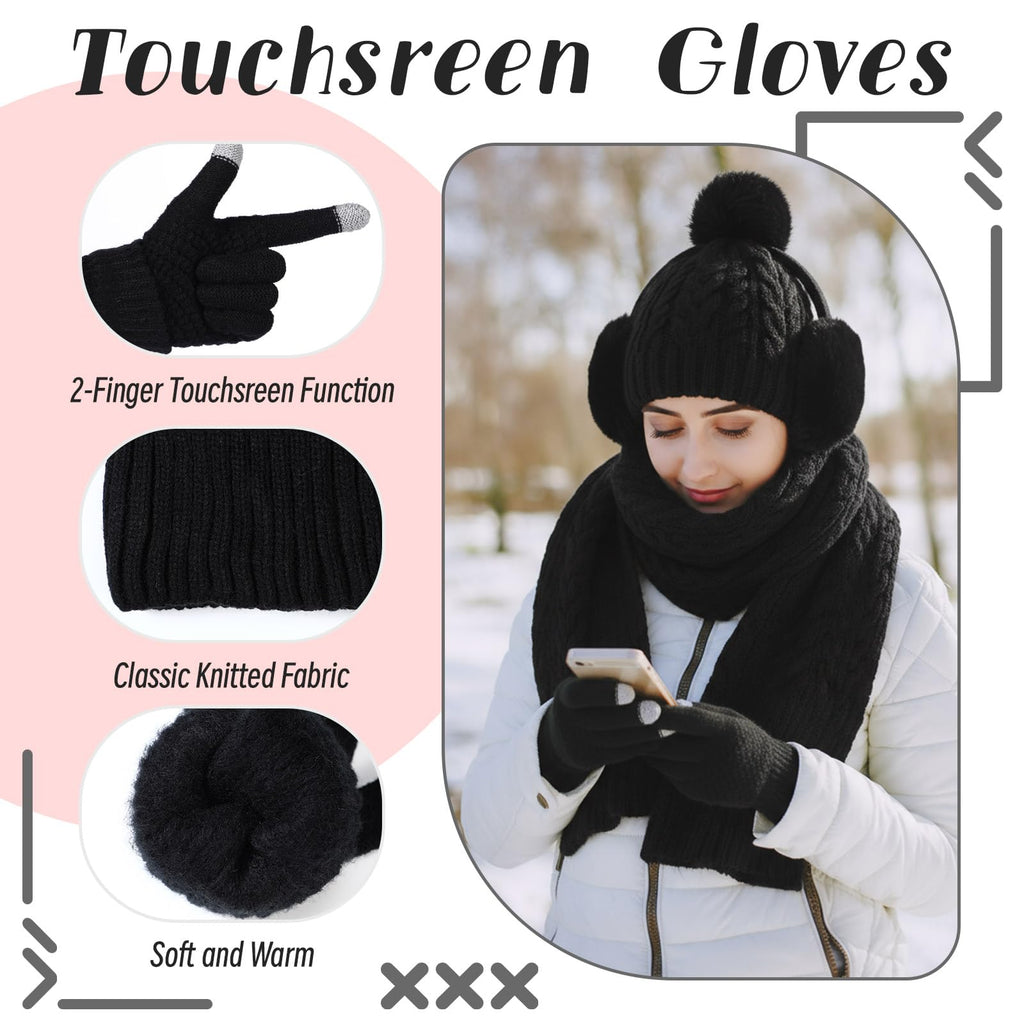 Geyoga 6 Pcs Winter Warm Set for Women Warm Beanies Hats Touchscreen Gloves Long Scarf Ear Muffs Socks Winter Gifts for Women