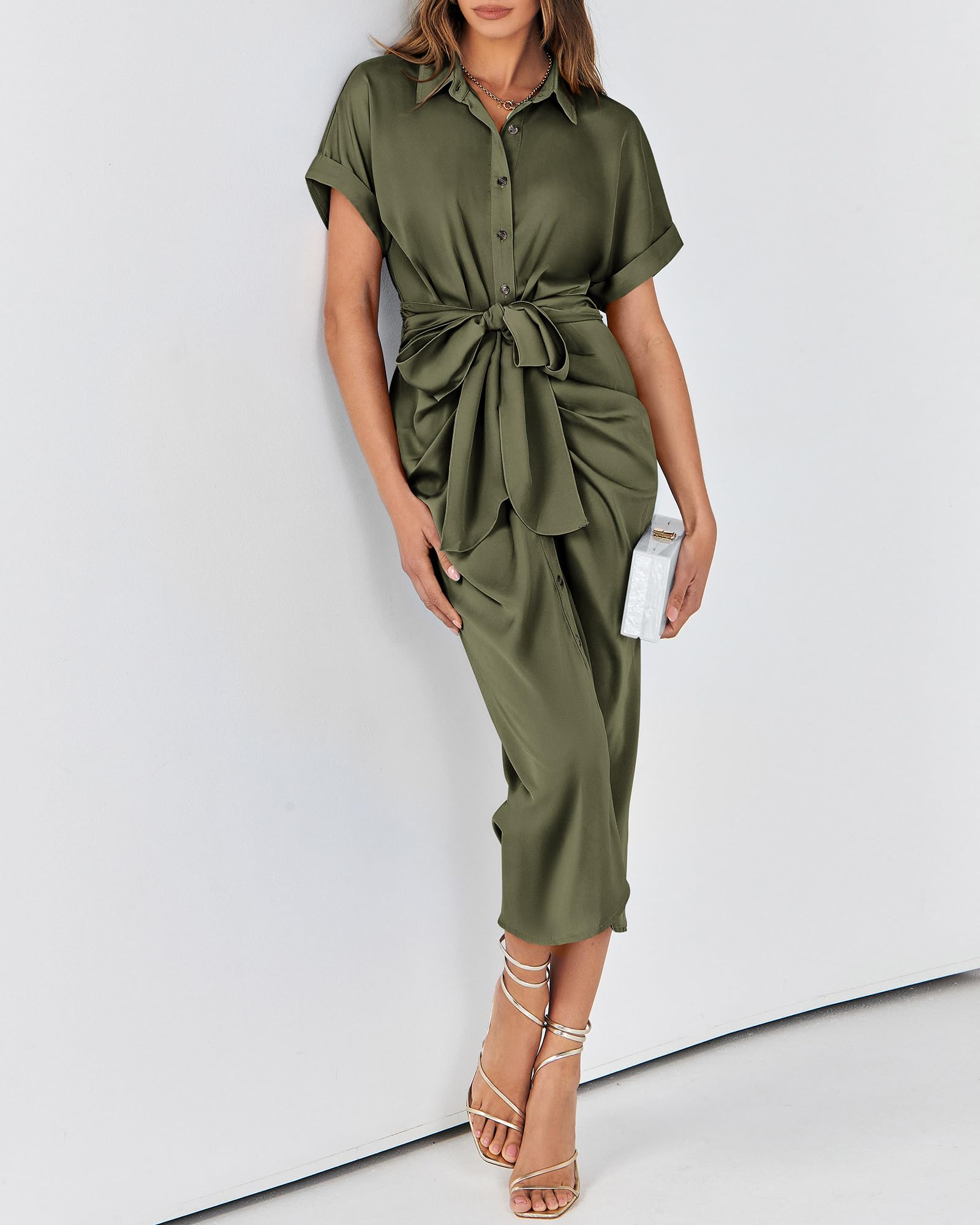 BTFBM Women Button Down Ruched Shirt Dresses Satin Short Sleeve Lapel V Neck Summer Maxi Dress 2025 Party Wedding Guest
