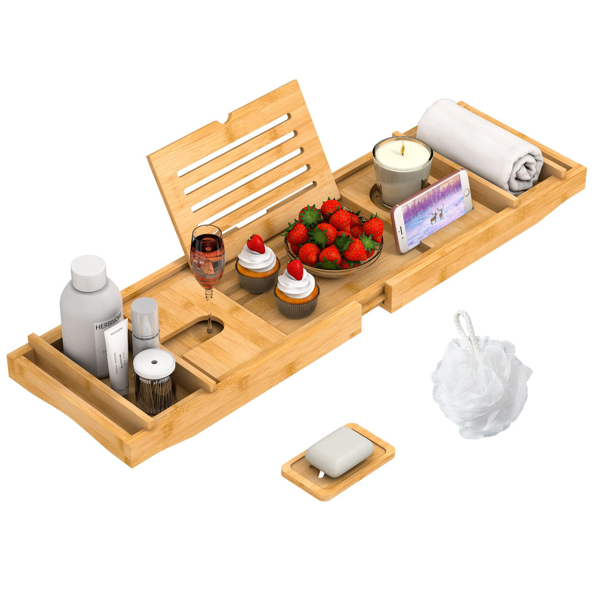 Zhuoyue Bamboo Bathtub Tray, Expandable Premium Bath Tray for Luxury Bathroom, Adjustable Bath Accessories for Tub with Soap Towel Book Holder, Extendable 29.5-43.3" White