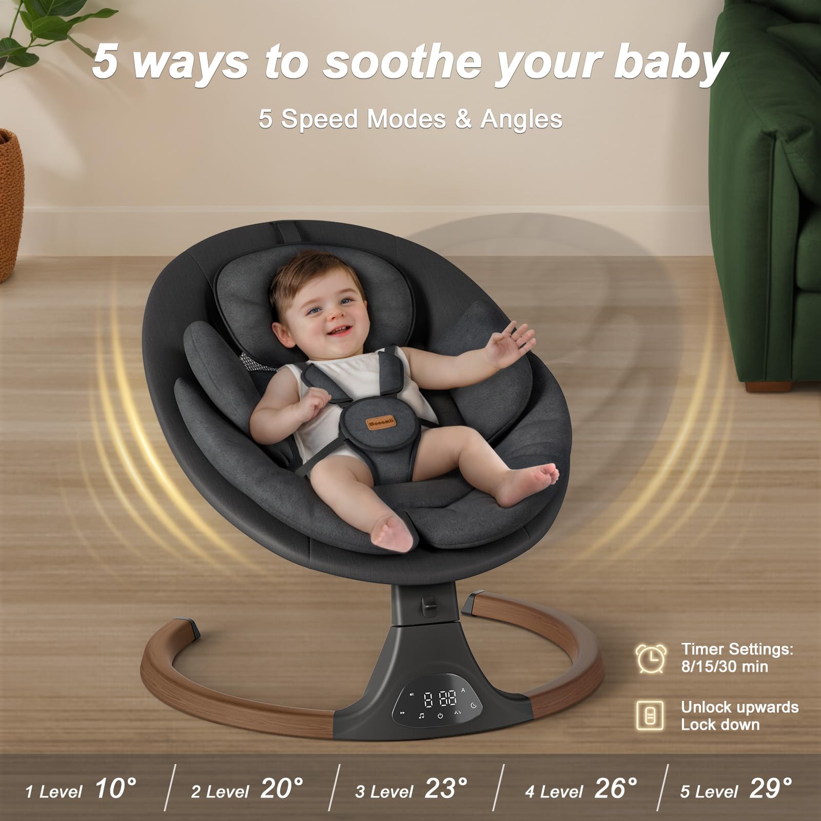 Baby Swings for Infants, Monamii Baby Swing, Infant Swing with 5 Speeds, 10 Lullabies, Electric Swing for Baby, Indoor & Outdoor Use (Beige)