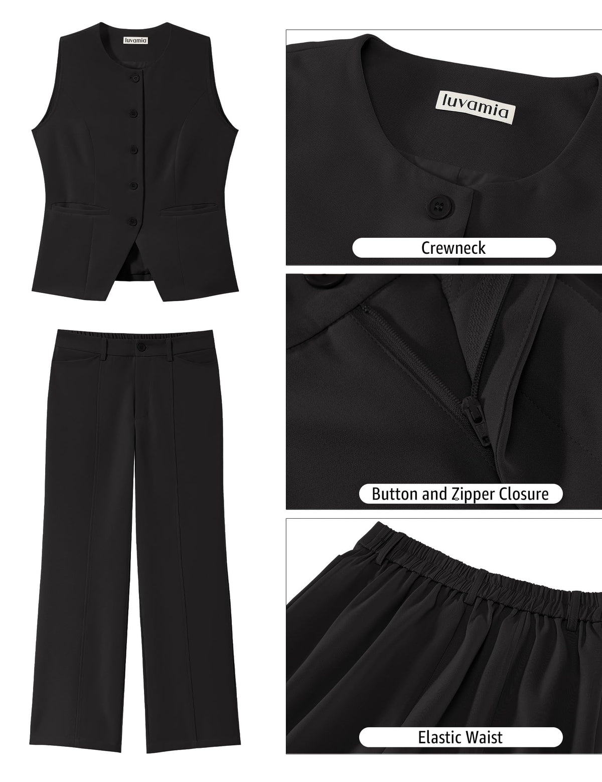 luvamia Vest Pants Suits for Women Dressy 2 Piece Business Casual Outfits Sleeveless Blazer Wide Leg Pants Pantsuit Sets