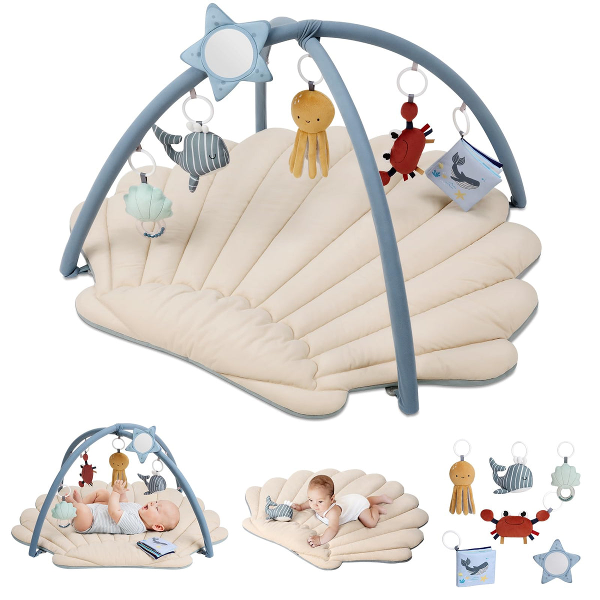 Blissful Diary Baby Play Gym & Activity Mat, Oversize Leaf Shaped Baby Play Mat w 6 Detachable Toys, Tummy Time Mat Promote Motor Skills & Sensory Development Mat, Newborn Infant Baby Essentials Gift