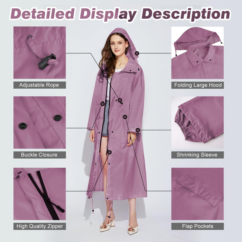 LAMA Womens Long Raincoats Rain Jacket Waterproof Packable Hooded Windbreaker Lightweight Adjustable Waist for Outdoor